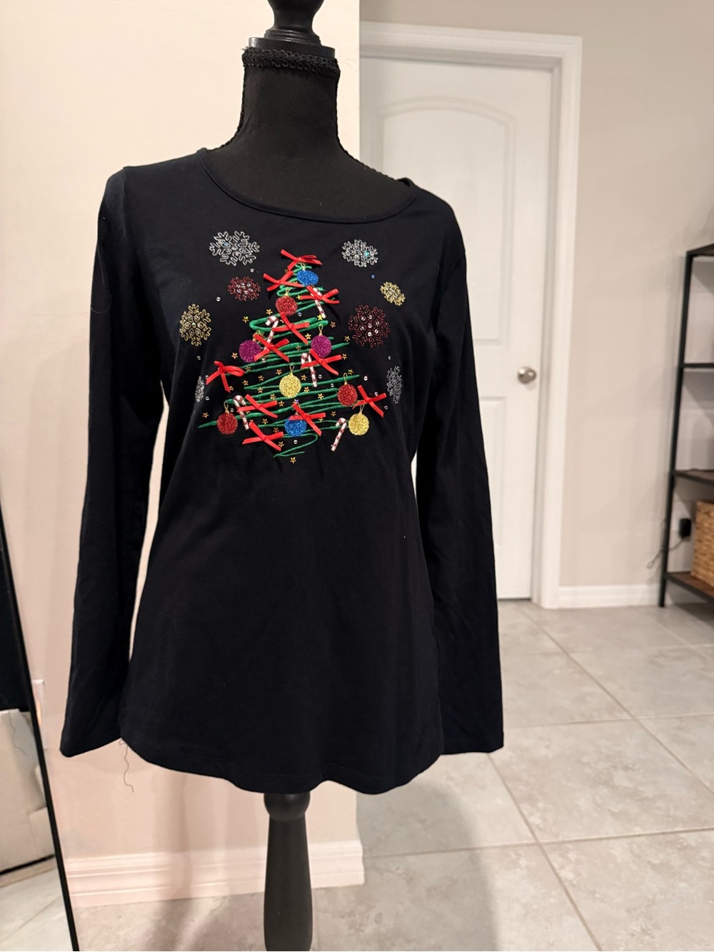 Kim Rogers Black Long-Sleeve Holiday Tree Tee